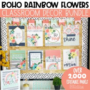 Boho Rainbow Flowers Classroom Decor Bundle