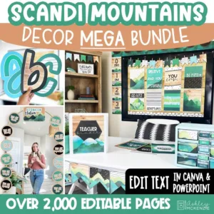 Scandi Mountains Classroom Decor Bundle editable in Canva and PowerPoint