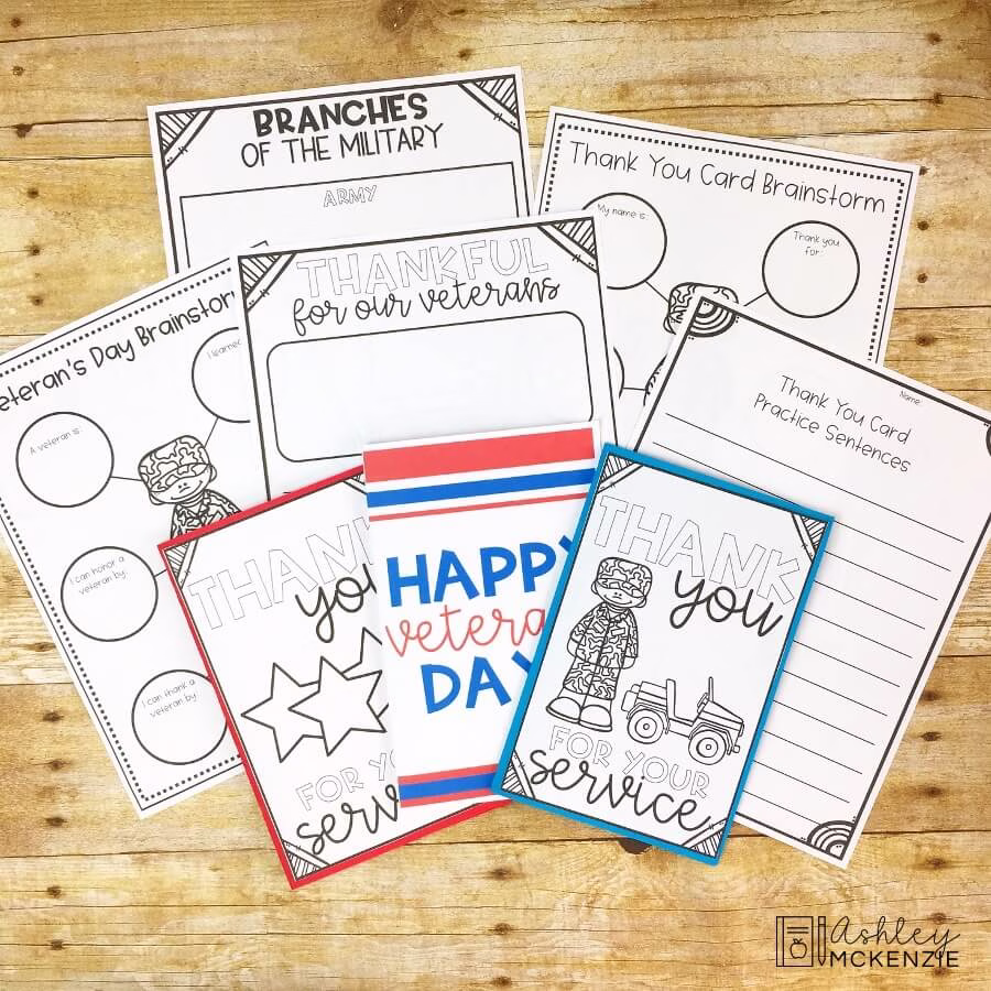 Veterans Day classroom activities featuring printable pages for thank you cards and writing activities