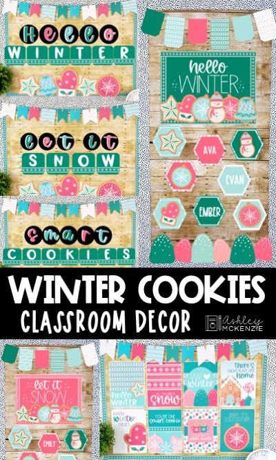 Winter cookies classroom decor bundle includes bulletin board kits, classroom door decor kit, and classroom posters in the same sugar cookie theme