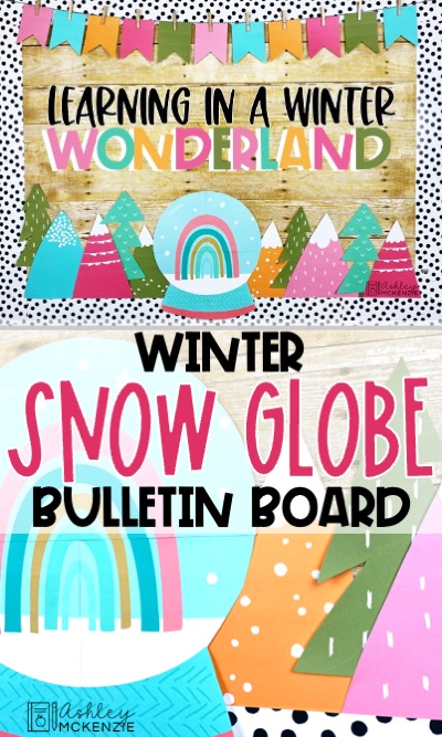 This colorful winter snow globe themed bulletin board or classroom door decor kit includes banners, sayings, and lots of board decor images in beautiful colors