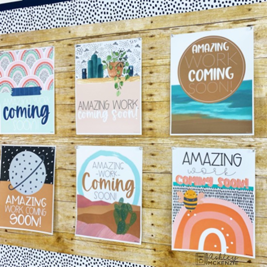Colorful posters with the words "Amazing Work Coming Soon" are used to create a fun bulletin board display before you have student work to hang up