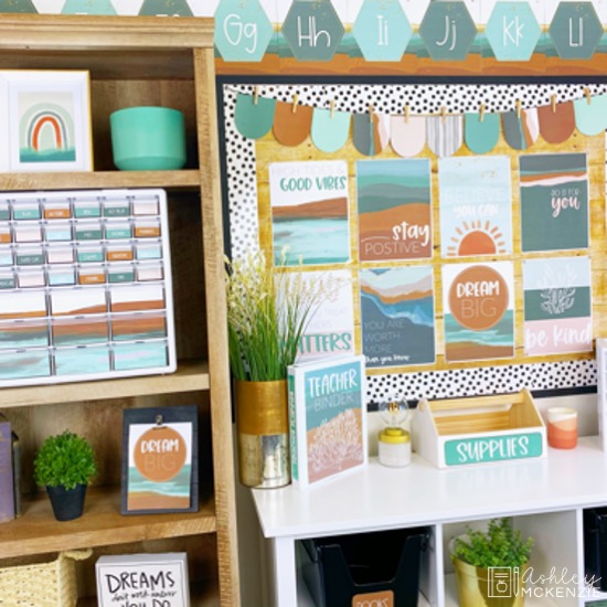 Coastal themed classroom decor bundle featuring calming blue and green tones