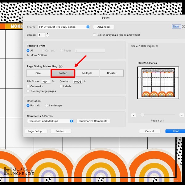 Printer settings in Adobe Acrobat Reader, select Poster print option to print the calendar background over 9 pages