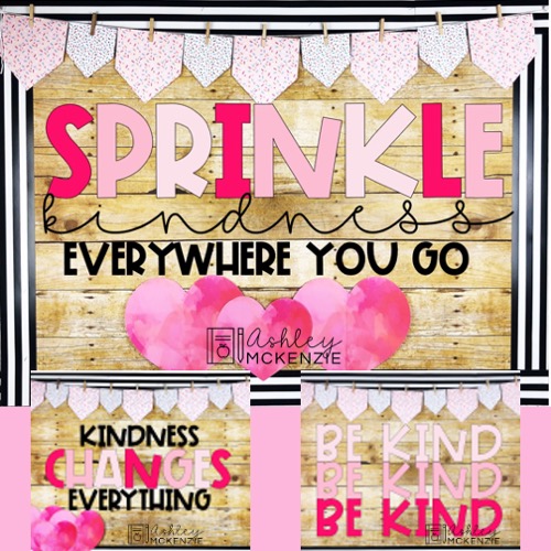 Valentine's Day and Kindness Week classroom decor ideas including themed bulletin board kits with several sayings to inspire kindness in your classroom.