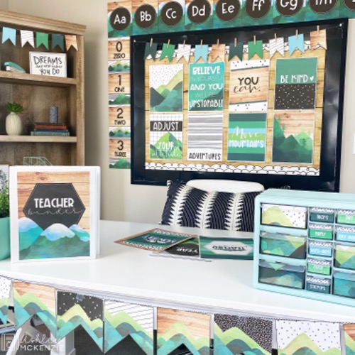 Modern classroom decor featuring a Scandinavian mountain theme with green and blue hues, refresh your classroom in the new year with this theme
