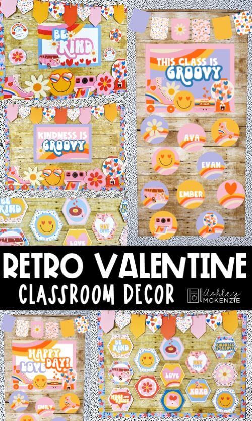 Valentine's Day Classroom Decor Ideas in a new Retro themed Valentine and Kindness classroom decor bundle, including bulletin board kits, classroom posters, and classroom door decorations.