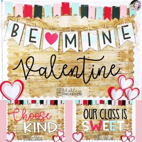 Valentine's Day classroom decor ideas including bulletin board kits with multiple sayings and decor options.