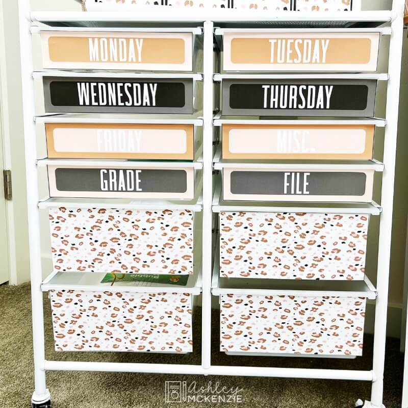 A 12 drawer rolling cart using Animal Print labels to decorate the drawers. 