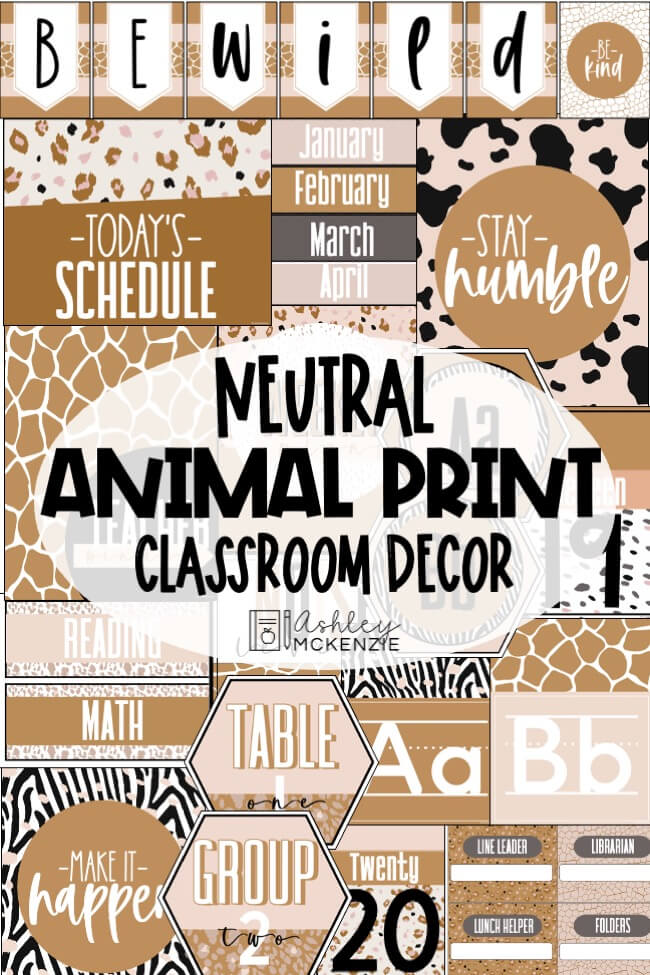 A variety of classroom resources in an animal print theme. Calm tones create a fun yet peaceful vibe.