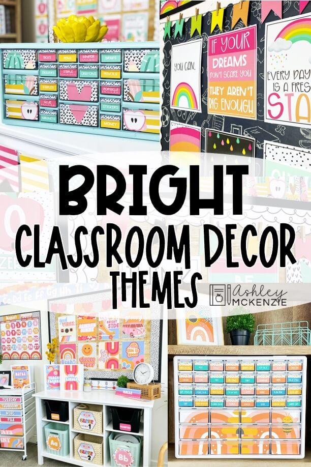 Bright classroom decor themes are featured including brilliant color schemes and fun images to create a cheerful space.