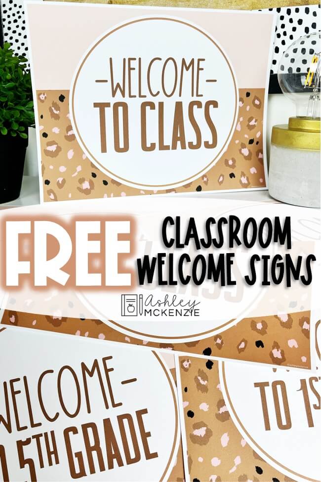 Free classroom welcome signs in a boho neutral animal print theme.