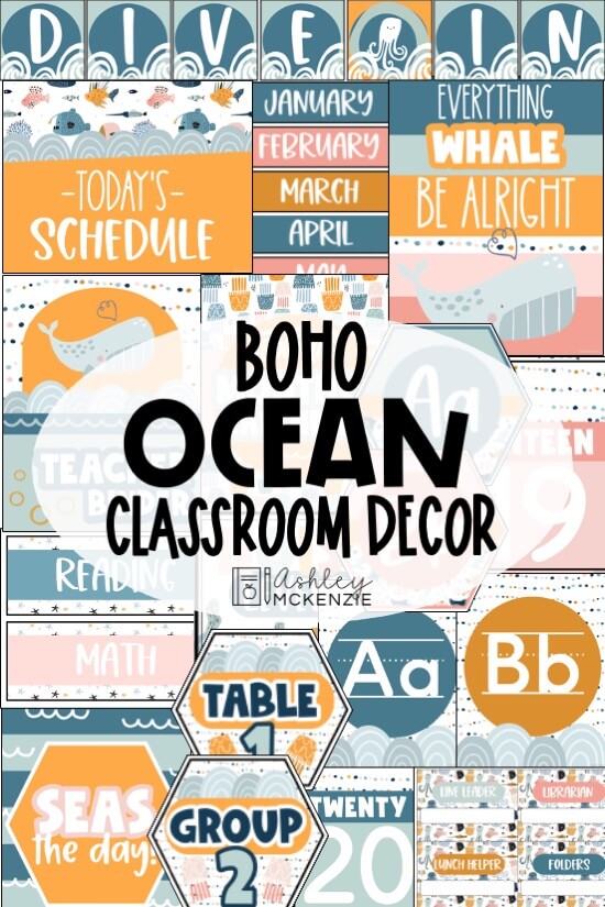 Complete set of Boho Ocean Classroom Decor printable resources in a bright and modern color scheme.