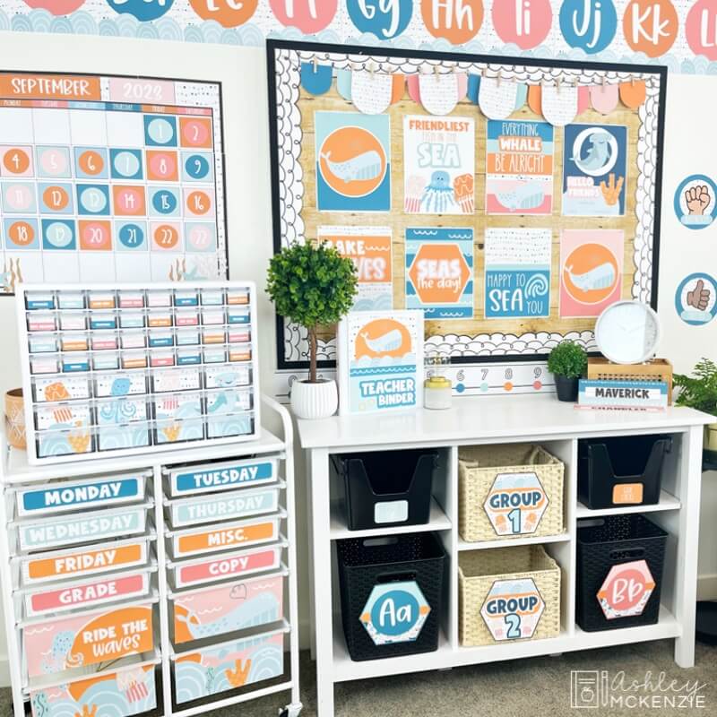 A classroom completely decorated using ocean themed decor. A brightly colored bulletin board features ocean themed classroom posters, alphabet posters run along the border of the room, and matching decor is seen throughout the space.