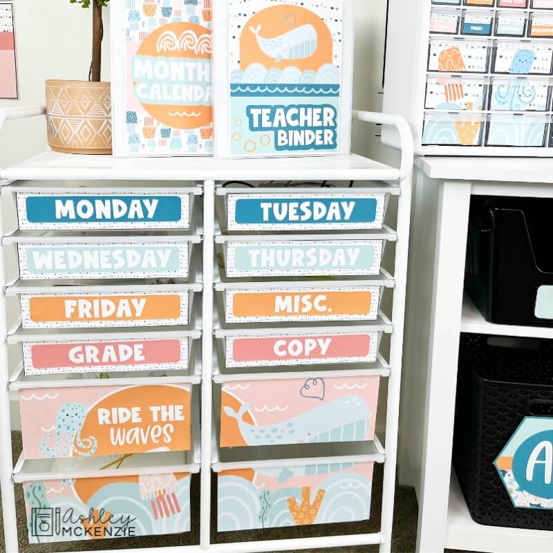 A 12 drawer rolling cart is used for teacher organizing and it features brightly colored labels on the drawers with fun sea creature images.