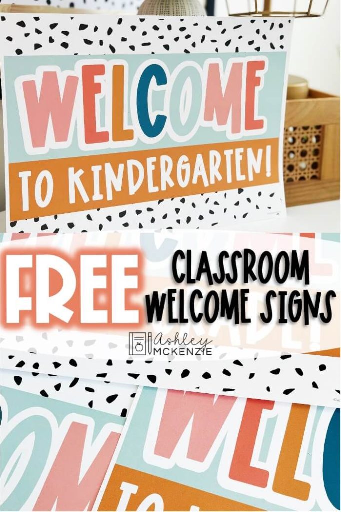 Colorful classroom welcome signs in a variety of sayings, including "Welcome to Kindergarten!" These signs are free and feature a terrazzo design.
