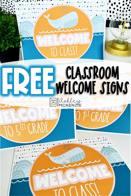 Free ocean themed classroom welcome signs are displayed, featuring a cute whale image and blue, pink, and orange designs.
