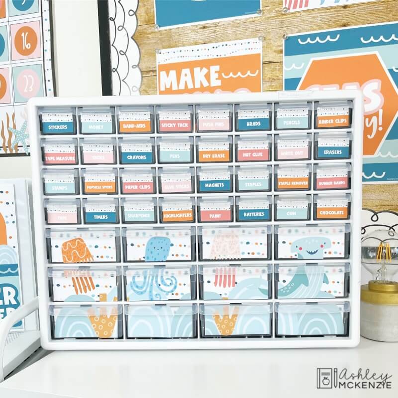 A teacher toolbox featuring brightly colored labels with fun, sea creature designs.