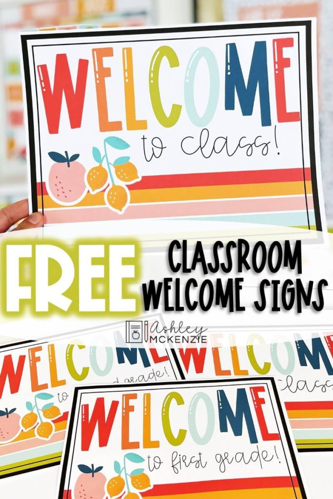Free classroom welcome signs in a colorful fruit theme.