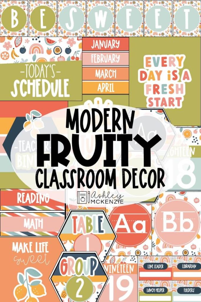 A collage of modern fruity classroom decor resources perfect for any elementary level classroom.