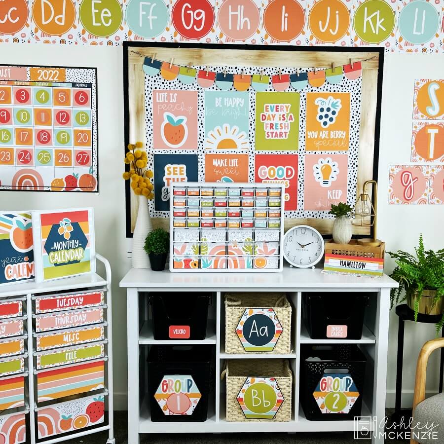 A classroom fully decorated with colorful fruit themed classroom decor. 
