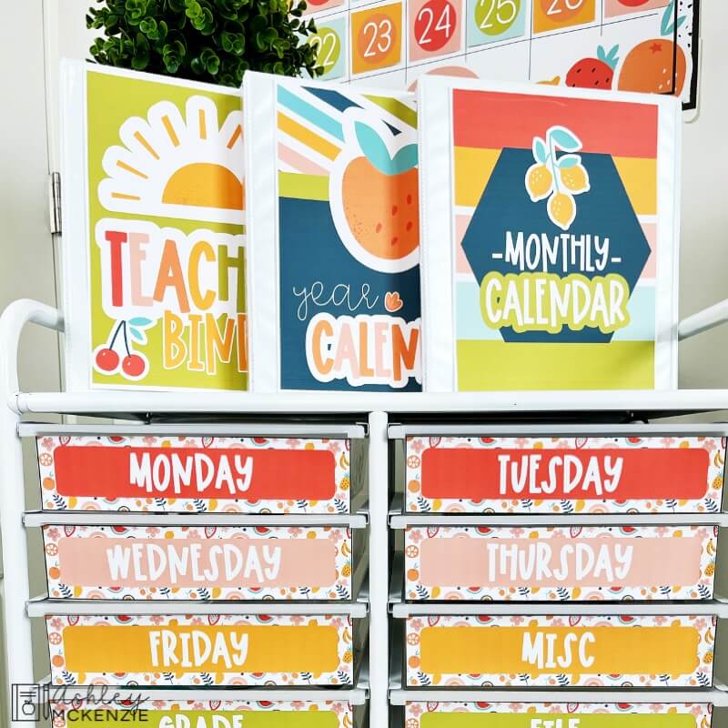 Three fruit themed teacher binder covers are displayed on top of a 12 drawer rolling cart decorated with colorful, matching labels.