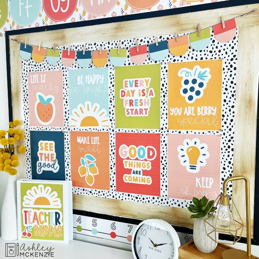 Modern Fruity Classroom Posters feature bright colors and positive messages. Colorful pennants are strung across the top of the bulletin board.