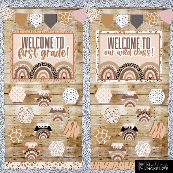 Animal Print classroom decor featuring boho neutral colors and welcoming door decorations.