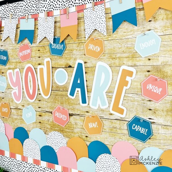 Calm Terrazzo themed bulletin board kit for back to school featuring affirming words and calming colors.