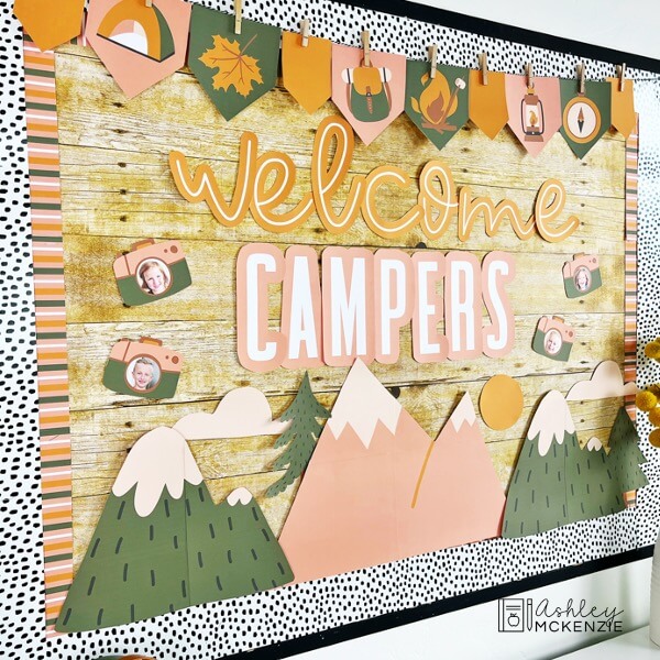 Camping Adventure themed classroom decor for back to school season; a bulletin board with the saying "Welcome Campers."