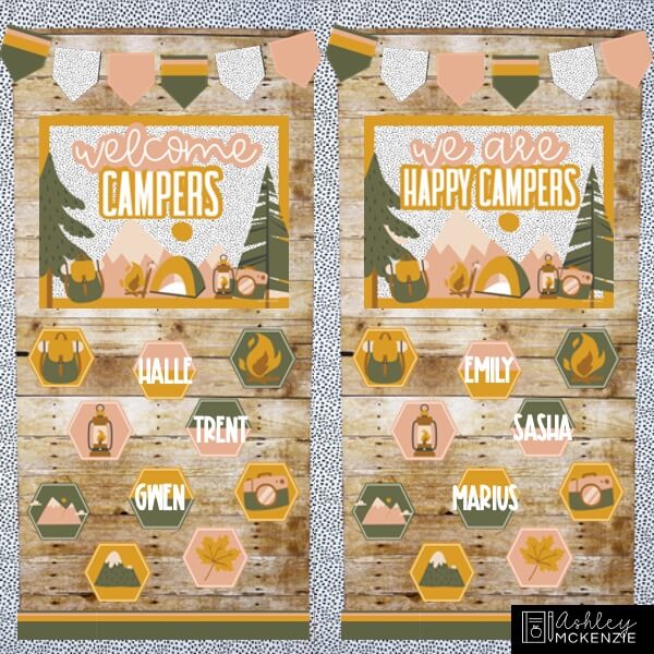 Camping Adventure classroom door decorating kit with the sayings "Welcome Campers" and "We are Happy Campers."