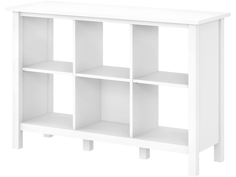 White storage shelf with 6 square organizing shelves.