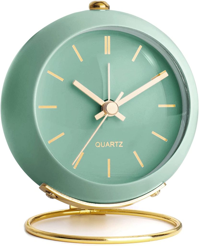 Trendy retro style classroom desk clock perfect for back to school, featuring a teal color and gold accents.