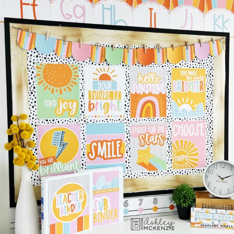 Hello Sunshine classroom decor is featured on a small classroom bulletin board perfect for back to school.