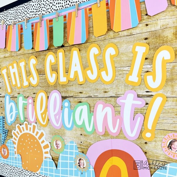 Hello Sunshine back to school bulletin board kit featuring pastel colors and the saying "This class is brilliant!"