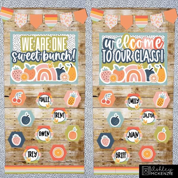 Modern Fruity themed back to school classroom decor featuring brightly colored fruit images.