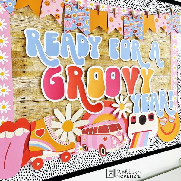 Retro themed back to school and end of year bulletin board kit, featuring sayings including "Ready for a Groovy Year."