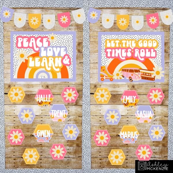 Retro Vibes Classroom Door Decorating Kit featuring sayings like "Peace, Love, and Learn," and "Let the Good Times Roll."