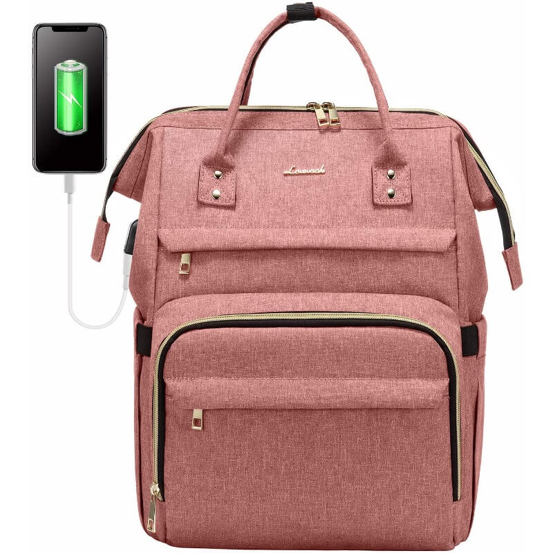 Trendy teacher bag in a rose pink color that carries laptops, books, and other important items.