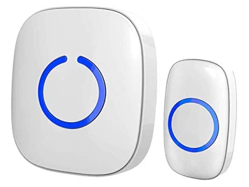 Wireless doorbell for organizing classroom transitions featuring a white design with blue accents.