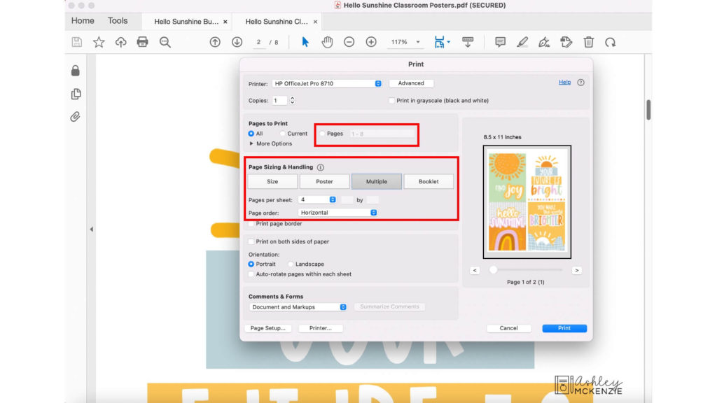 Use the multiple setting in Adobe Reader to print multiple pages per sheet to save paper during printing.