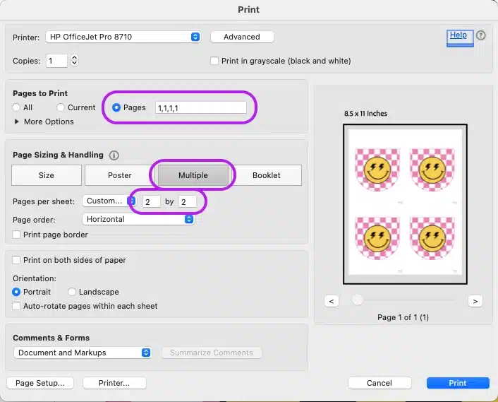 Printer settings in Adobe Reader to show how to print 4 of the same page per sheet