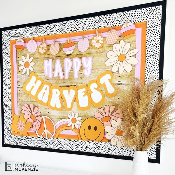 Retro Fall bulletin board kit featuring the saying "Happy Harvest" in a 1970s inspired color palette.