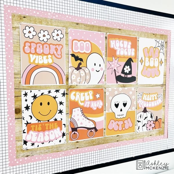 Retro style classroom posters for Halloween feature fun October themed sayings and images.