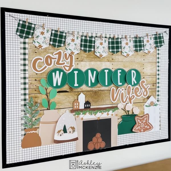 A winter themed bulletin board is featured showing a border double layering technique that saves time!