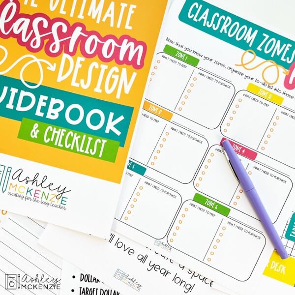 A classroom design guidebook is featured showing tips for how to cut down on classroom decor prep time using planning and design strategies.