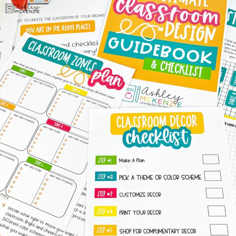 Colorful worksheets are shown to help you stay on track as you plan out your classroom makeover. 