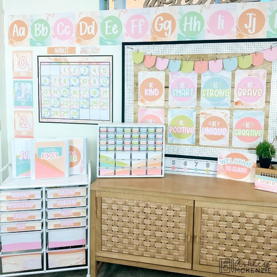 A classroom decorated with a marbled pastel classroom design trend