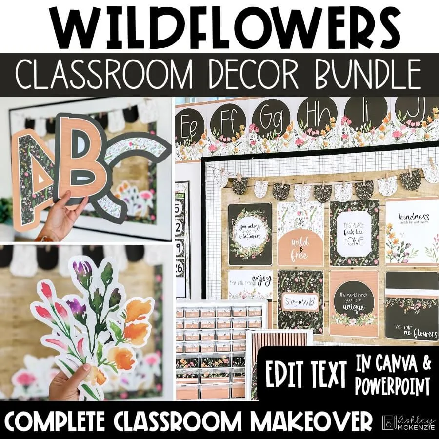 Wildflowers classroom decor bundle edit text in Canva and PowerPoint