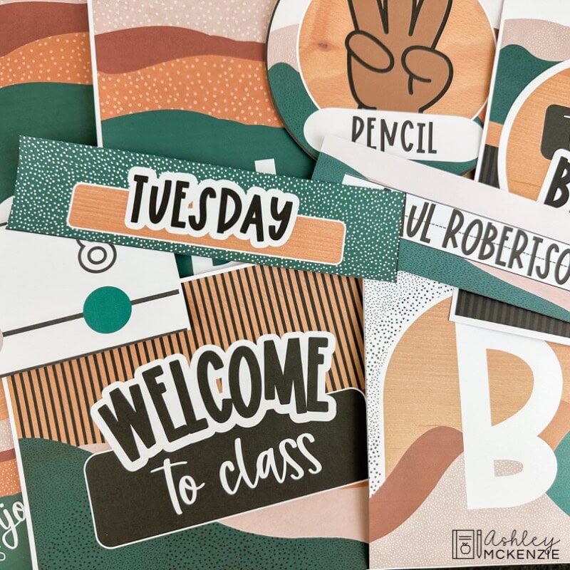 Numerous printed classroom decor items in an abstract landscape theme